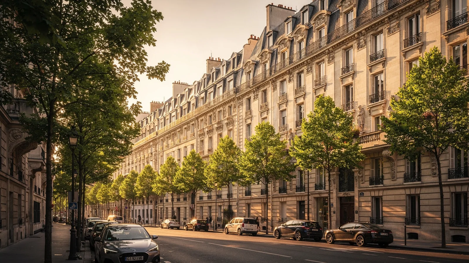 Rue résidentielle bordée d'immeubles en pierre sous une lumière chaude