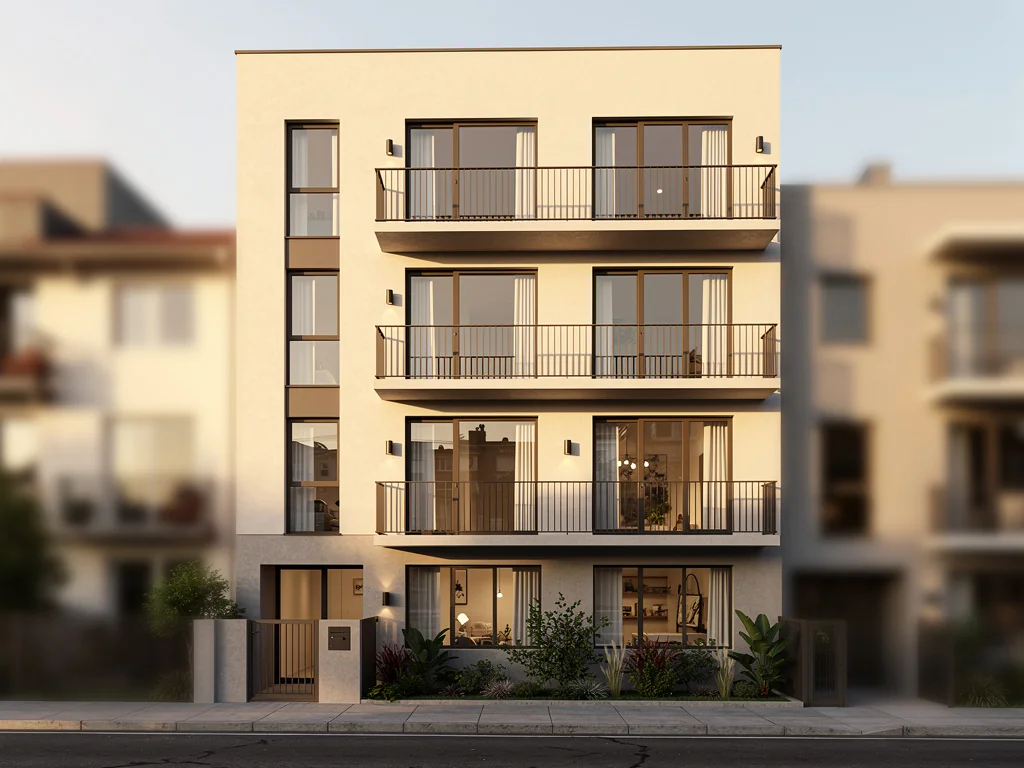 Façade d'un petit immeuble moderne avec balcons