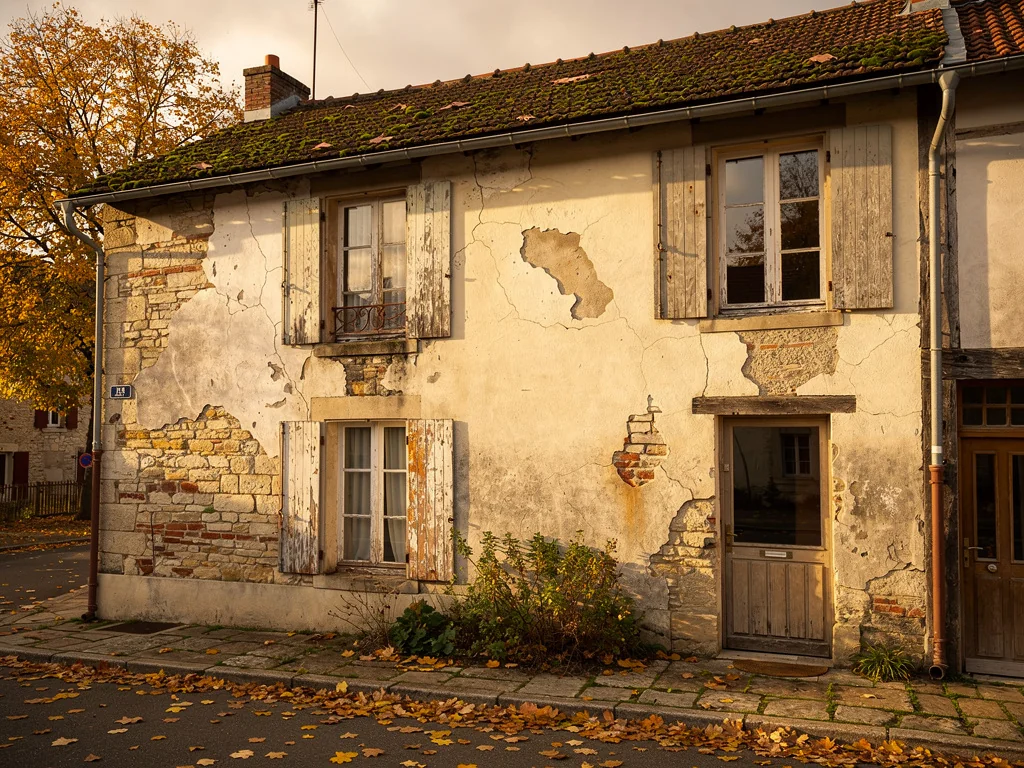 Façade d'une maison ancienne à rénover en lumière d'automne