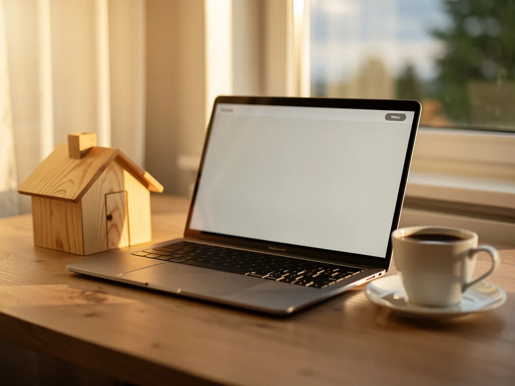 Bureau avec ordinateur, café et maquette de maison près d'une fenêtre