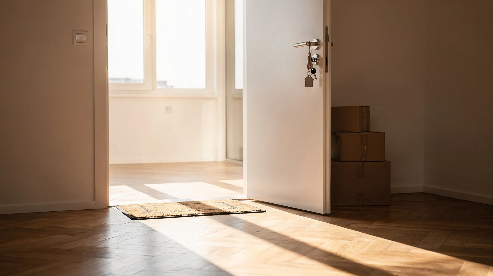 Clés sur la poignée d'une porte d'appartement lumineux