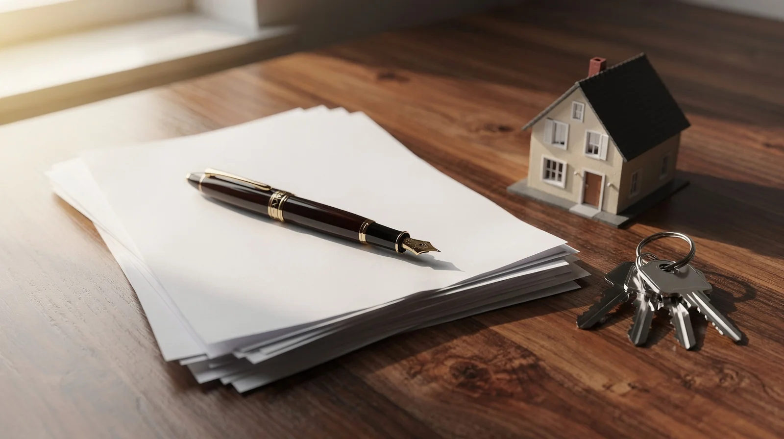 Stylo posé sur des documents, maquette de maison et clés